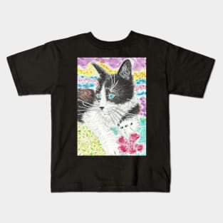 Black and white cat blue eyes Kids T-Shirt